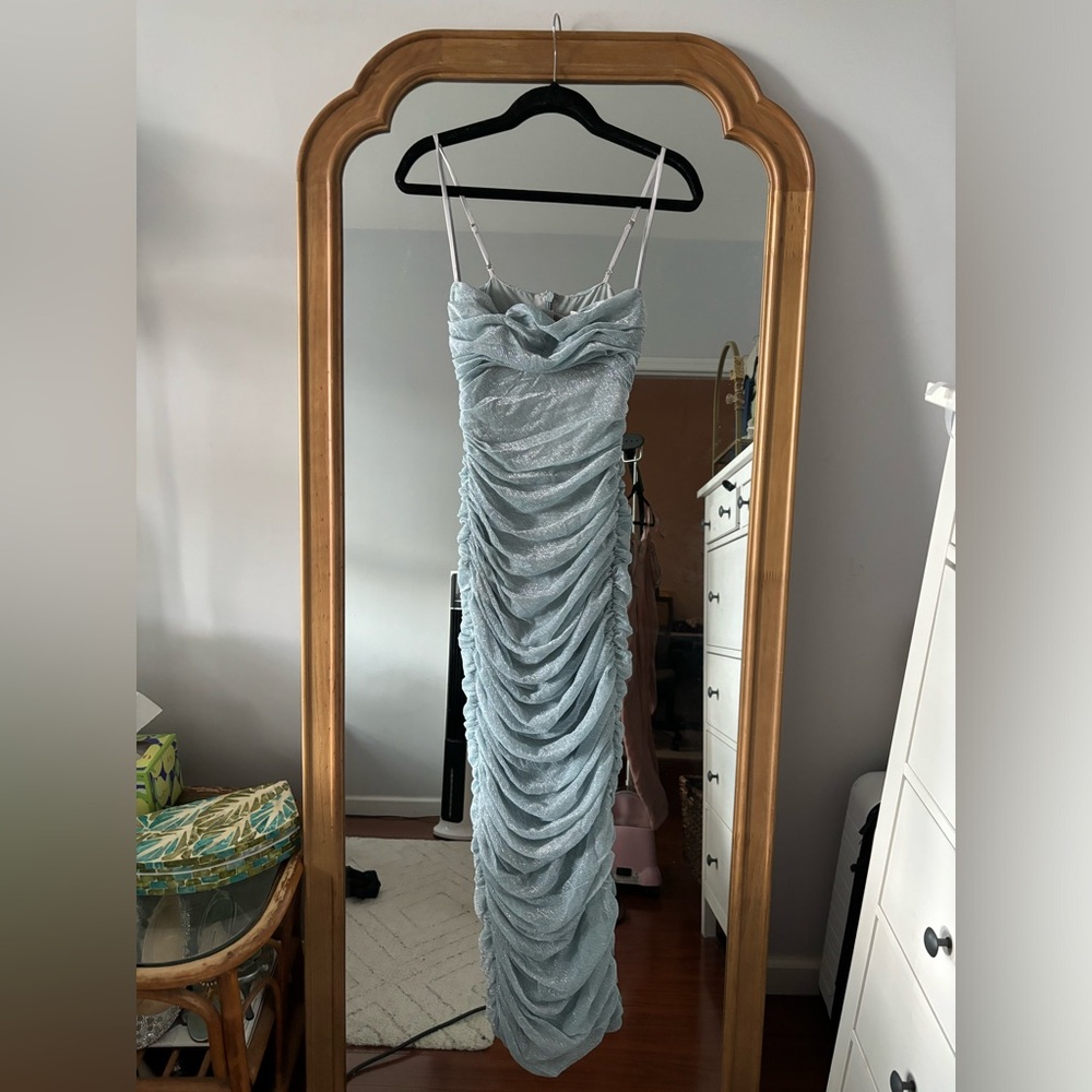 HOUSE OF CB Fornarina Baby Blue Sparkle Silvermist Fairy Glitter Ruched Dress - Picture 12 of 16